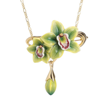 Green Orchid Flower Gold Plated Brass & Porcelain Necklace/Brooch