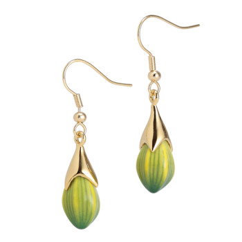 Green Orchid Flower Gold Plated Brass & Porcelain Earrings-Pierced