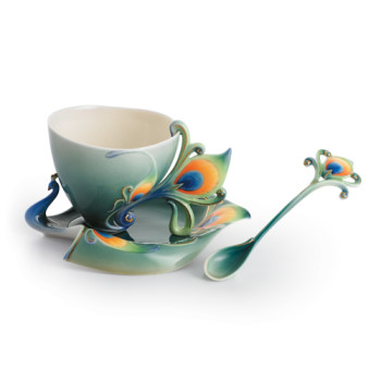 Luminescence Peacock Porcelain Cup/Saucer, & Spoon