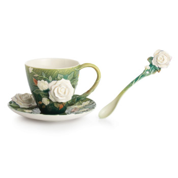 Van Gogh White Roses Porcelain Cup/Saucer, and Spoon Set